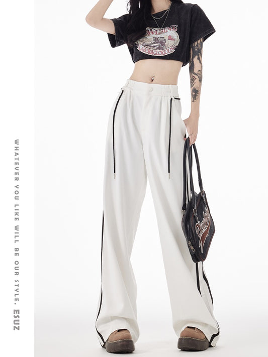 White elastic high waist casual pants women 2023 summer thin section Korean version loose sports style drape wide leg mopping pants