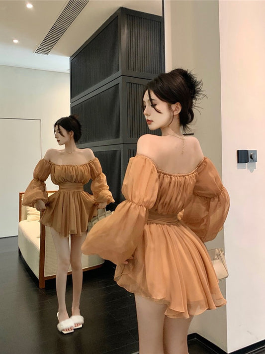 French sweet puff sleeve one-shoulder chiffon dress female spring long-sleeved short skirt hot girl sexy a-line skirt