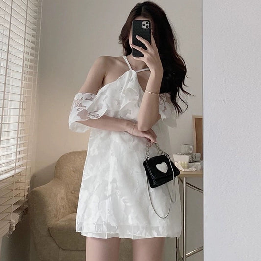 Korean chic summer French temperament hanging neck strapless stitching lotus leaf edge color printing short-sleeved dress skirt