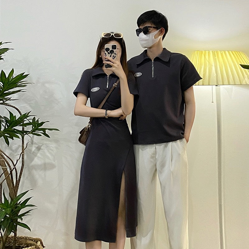 Couple wear summer new one skirt one high-quality Korean version short-sleeved polo shirt dress casual slim long skirt