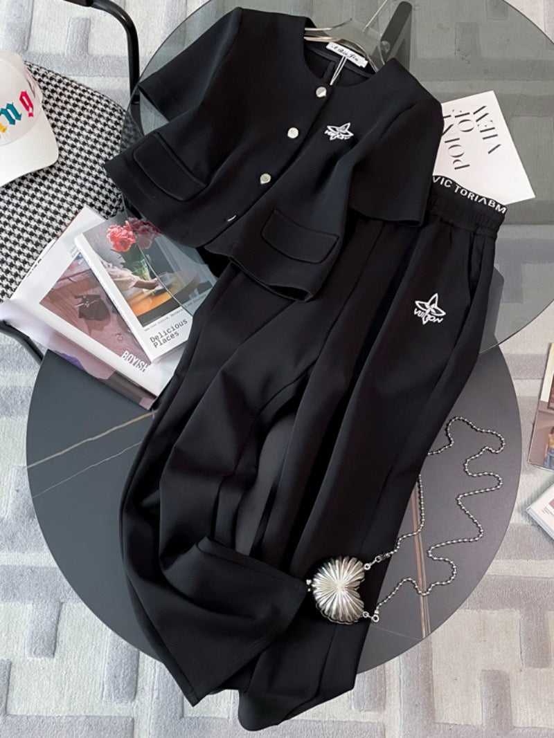 European Station Casual Fashion Suit Women's Summer 2023 New Age-reducing Pink Small Fragrance Short-sleeved Wide-leg Pants Two-piece Set