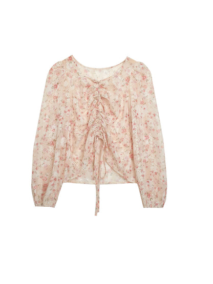 Berry likes you and likes a large custom-made pink embroidery floral shirt chic v-neck puff sleeve top female spring