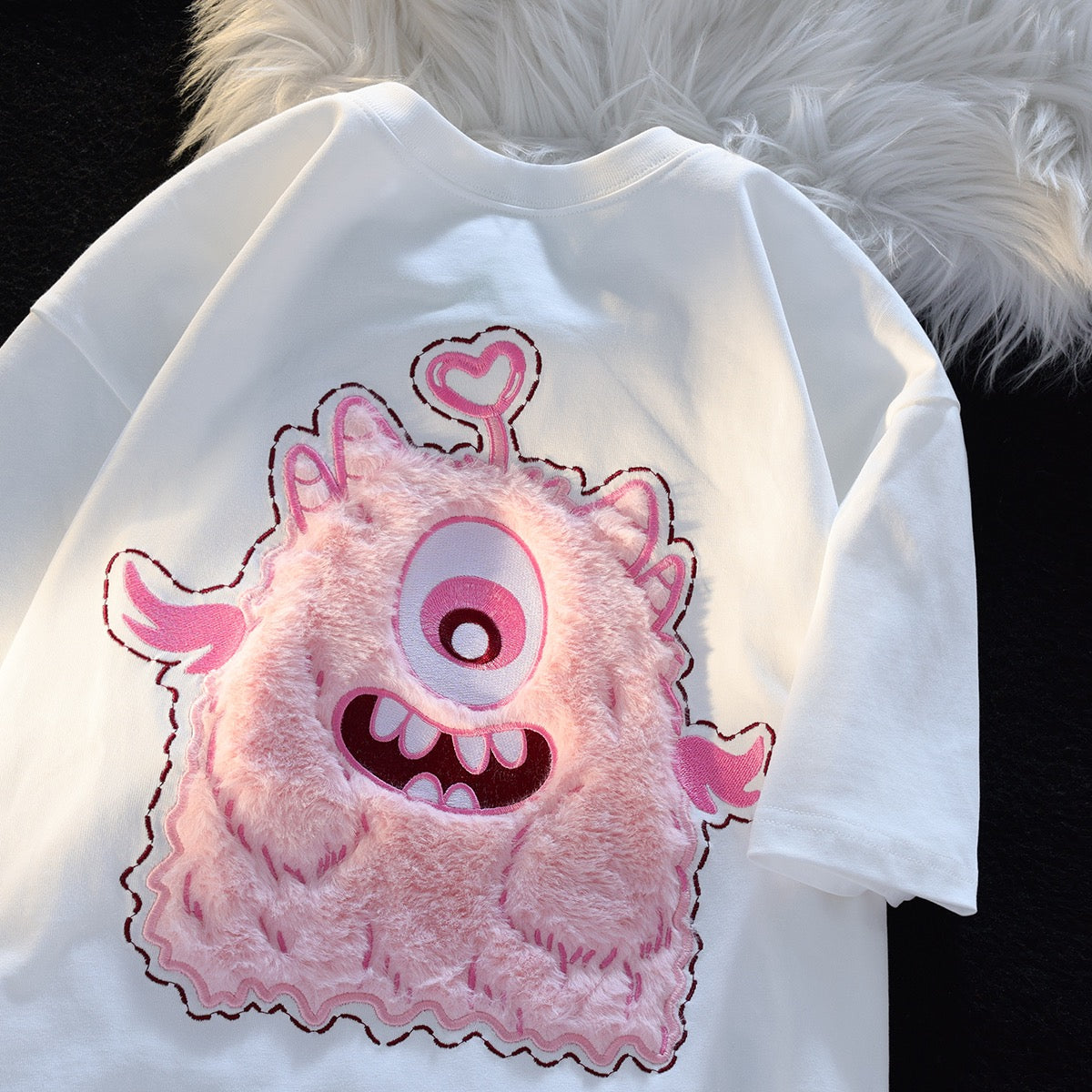 JWNEED pink little monster couple outfit T-shirt men and women summer cute niche plush 3D three-dimensional embroidery short sleeves