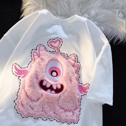 JWNEED pink little monster couple outfit T-shirt men and women summer cute niche plush 3D three-dimensional embroidery short sleeves