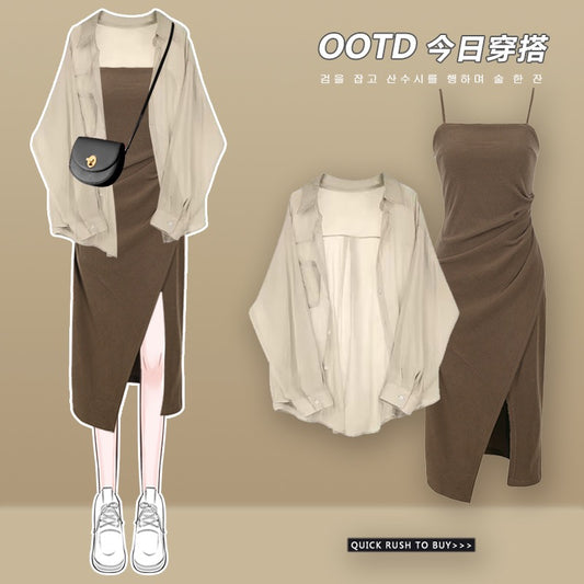 Xiaoxiangfeng tea wears a high-end suspender dress for women in summer, a small sweet and spicy style suspender skirt suit