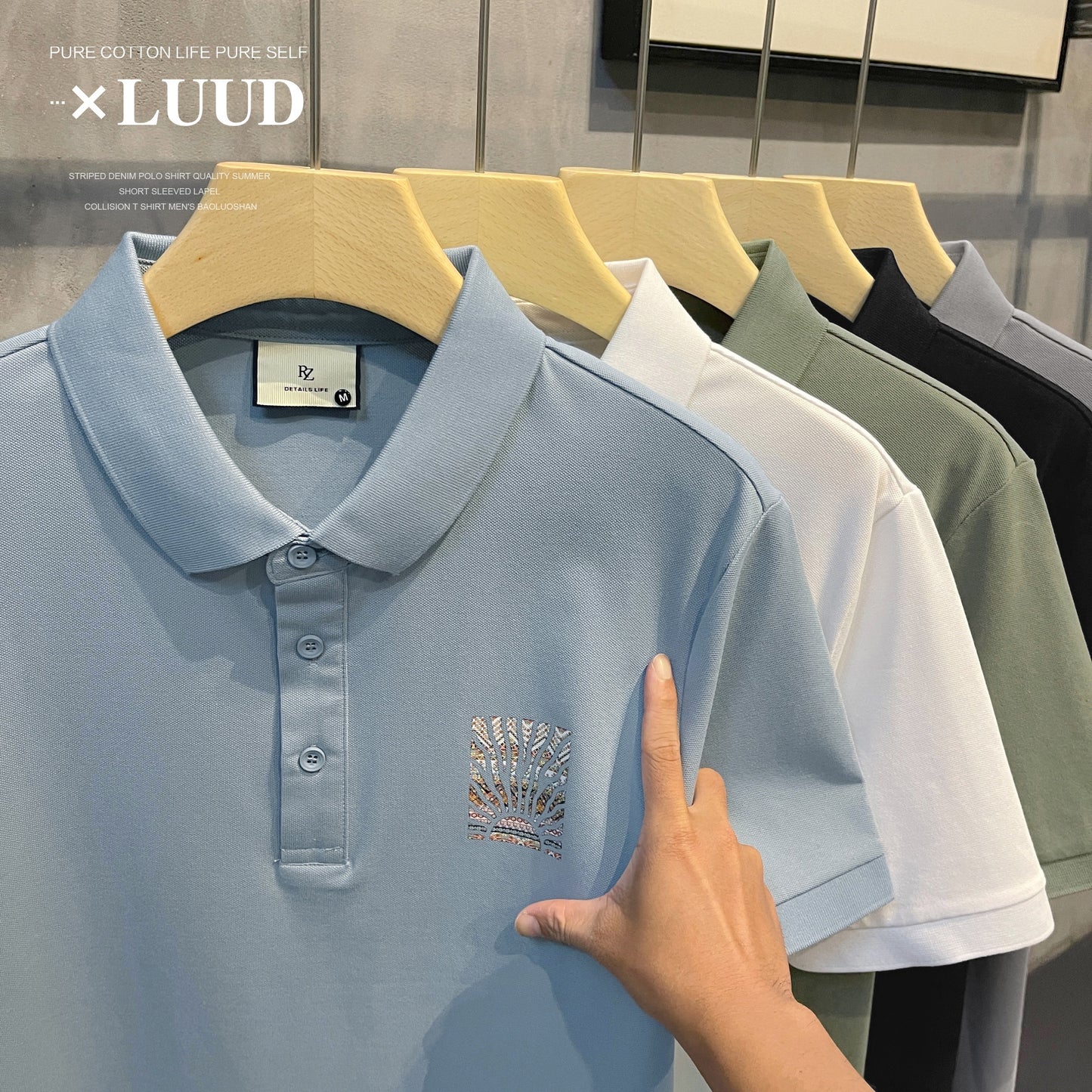 LUUD trendy brand lapel back printed POLO shirt men's new handsome breathable pique cotton casual Paul top