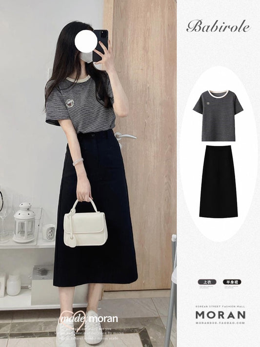 In summer, pear-shaped slightly fat and thin tea wears a complete set of women's dresses with age-reducing one-piece skirt suits