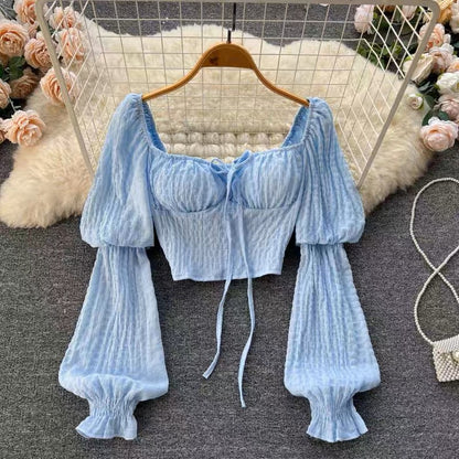 French design sense niche square collar white shirt jacket autumn women's tie puff sleeve shirt western style beautiful small shirt