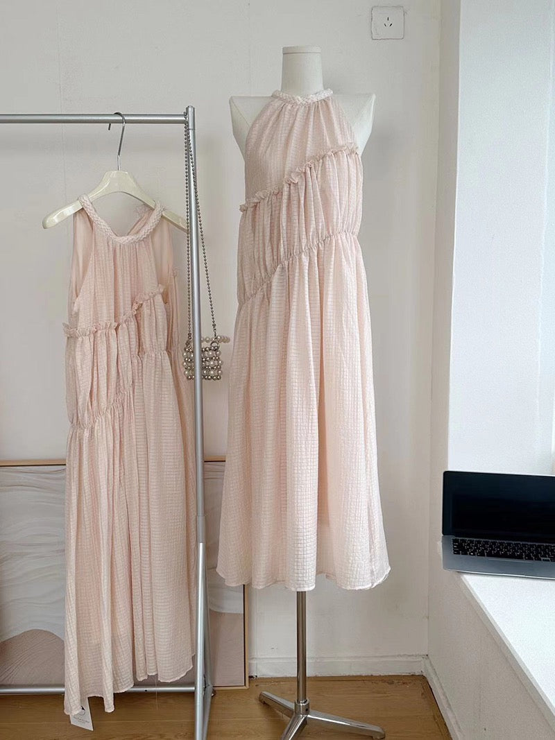 Duolaimei slightly drunk skirt design sense pleated sleeveless dress women's vacation style sweet big skirt chiffon long skirt