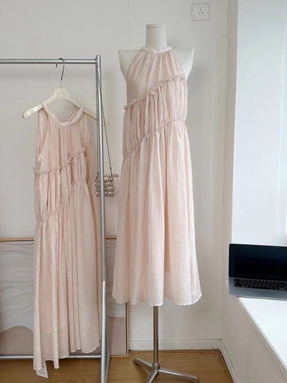 Duolaimei slightly drunk skirt design sense pleated sleeveless dress women's vacation style sweet big skirt chiffon long skirt