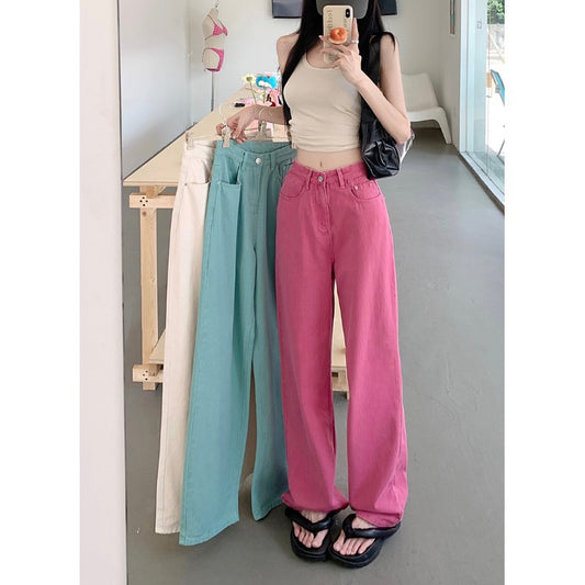 Kumikumi rose red high waist straight jeans women's summer loose slim wide leg pants mopping pants long pants