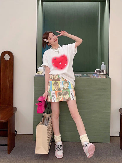 Thebestxue Korean version of fashionable white color diamond love loose short-sleeved t-shirt female 2023 summer new t-shirt