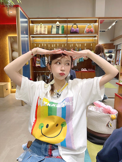 Thebestxue2023 summer new Korean version of the loose white happy smiley letter print short-sleeved T-shirt female