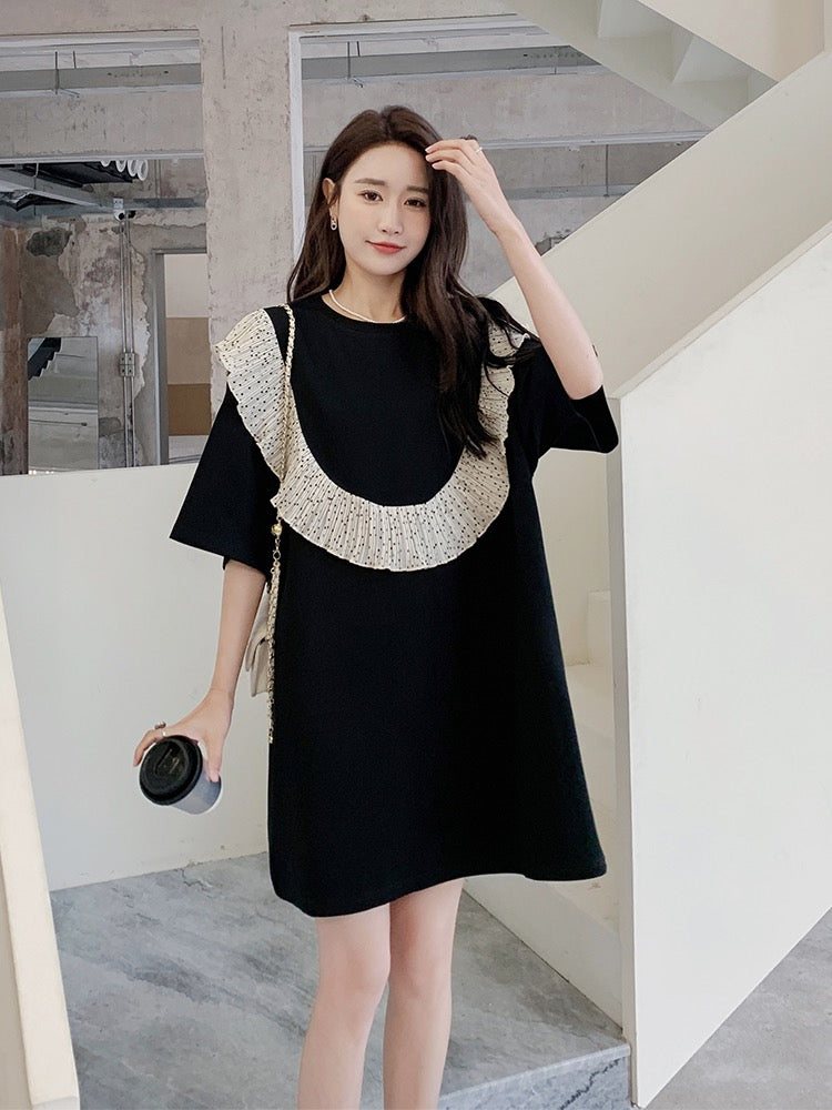 Black French style small fragrance dress female summer small new splicing lotus leaf edge loose casual t-shirt skirt