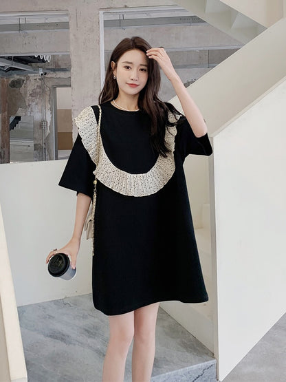 Black French style small fragrance dress female summer small new splicing lotus leaf edge loose casual t-shirt skirt