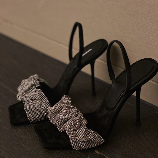 Big power power same style AW shoes 2023 spring and summer new black rhinestone sandals female stiletto square toe word belt high heels