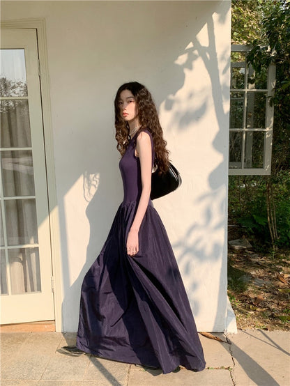 French retro dress women's high-quality navy blue knitted stitching glossy nylon sports long skirt dress
