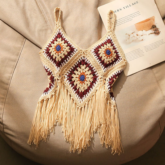 Vacation ethnic style embroidery sling women's summer outerwear sexy loose hollow slim tassel vest bottoming top