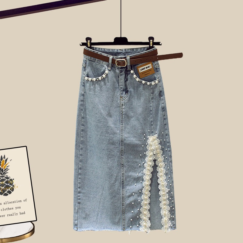 Small people wear a complete set of fashion suit skirt half-length denim skirt new short-sleeved top two-piece summer female
