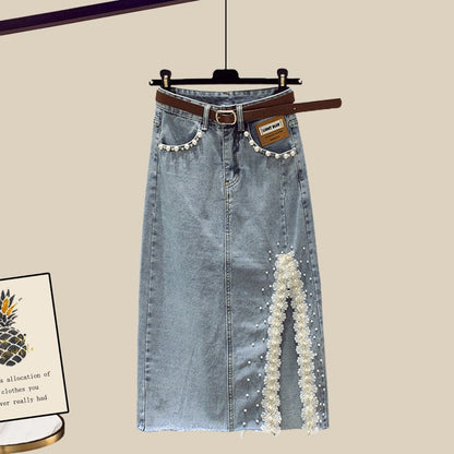 Small people wear a complete set of fashion suit skirt half-length denim skirt new short-sleeved top two-piece summer female