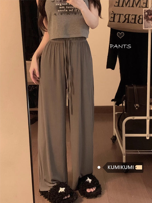 Lazy style gray casual pants women slim straight pants summer loose wide leg pants trousers drape mopping pants trendy