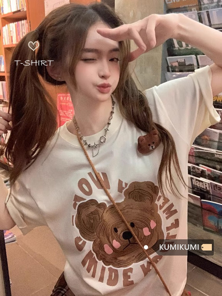 Kumikumi cute bear print short-sleeved round neck T-shirt women's summer loose slim casual all-match tops