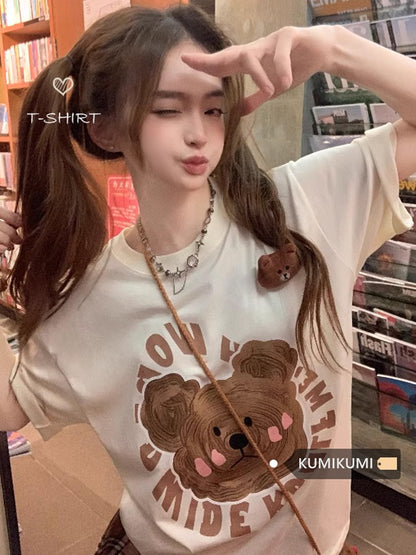 Kumikumi cute bear print short-sleeved round neck T-shirt women's summer loose slim casual all-match tops