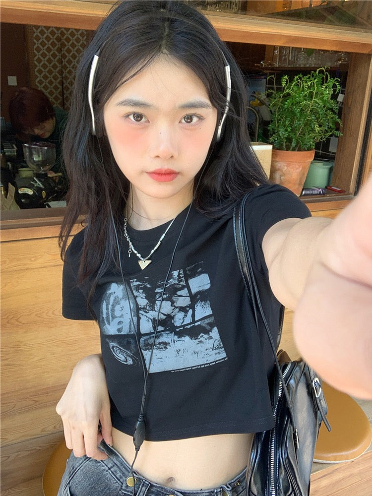 Spice Girls Shoulder Short Sleeve T-Shirt Female Retro Niche Black Bottom Shirt Summer Slim Chic Short Navel Top
