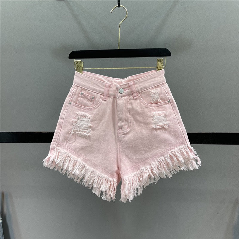 Candy-colored hot girls denim shorts women 2023 summer high waist slimming ripped holes fringed A-line wide-leg hot pants