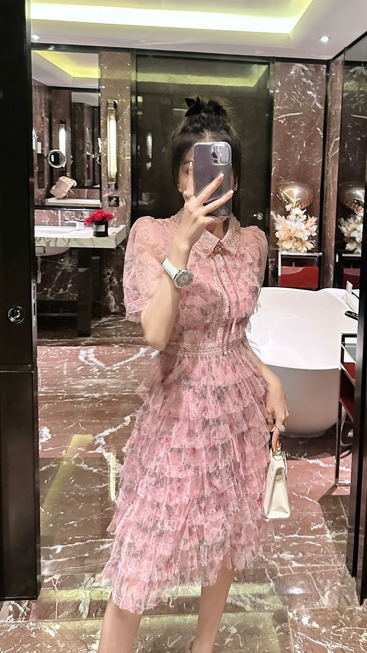 BETTER LS Sweet Pink Fragrant Wind Cake Dress High-quality Heavy Industry Beaded French Dress