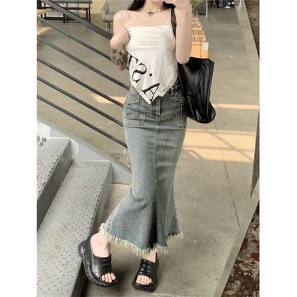 Kumikumi retro nostalgic denim skirt women's summer high waist bag hip mermaid skirt mid-length slit skirt