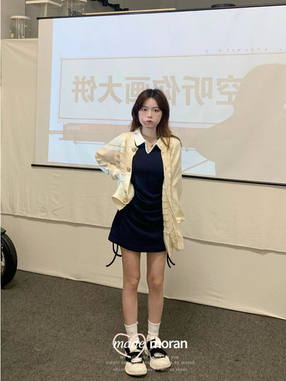 American retro college style contrasting color polo collar short skirt sweet and spicy salt series small dress waist slimming summer