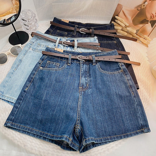 Retro casual high waist denim straight shorts women's summer 2023 new Korean version slim wide leg pants with belt