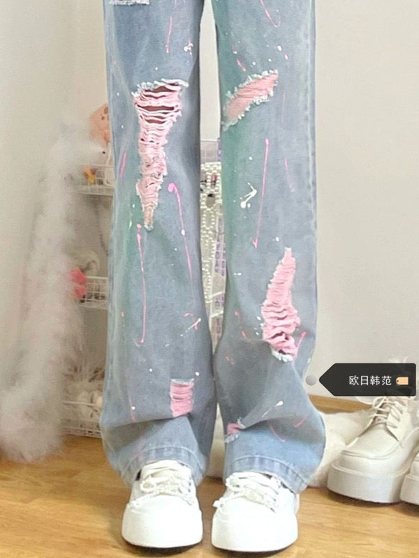 Ripped jeans women's summer 2023 new pants look thin and versatile high waist wide leg pants loose drape trousers