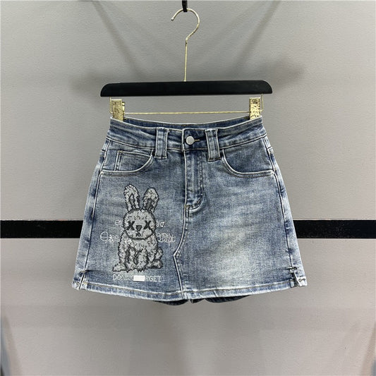 Small hot diamond denim short skirt pants women 2023 summer new high waist slimming A-line hot girl bag hip skirt