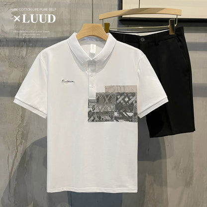 LUUD men's trendy brand personality patch lapel short-sleeved men's summer new product ruffian handsome retro POLO shirt T-shirt top