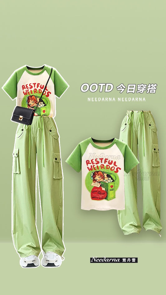 Sweet and spicy green top suit Dopamine girl wears a whole set of salty and sweet overalls two-piece suit