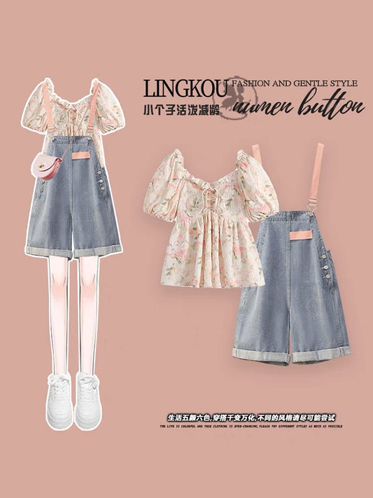 Small summer fashion suit women's new gentle milk good jacket denim overalls dopamine two-piece suit