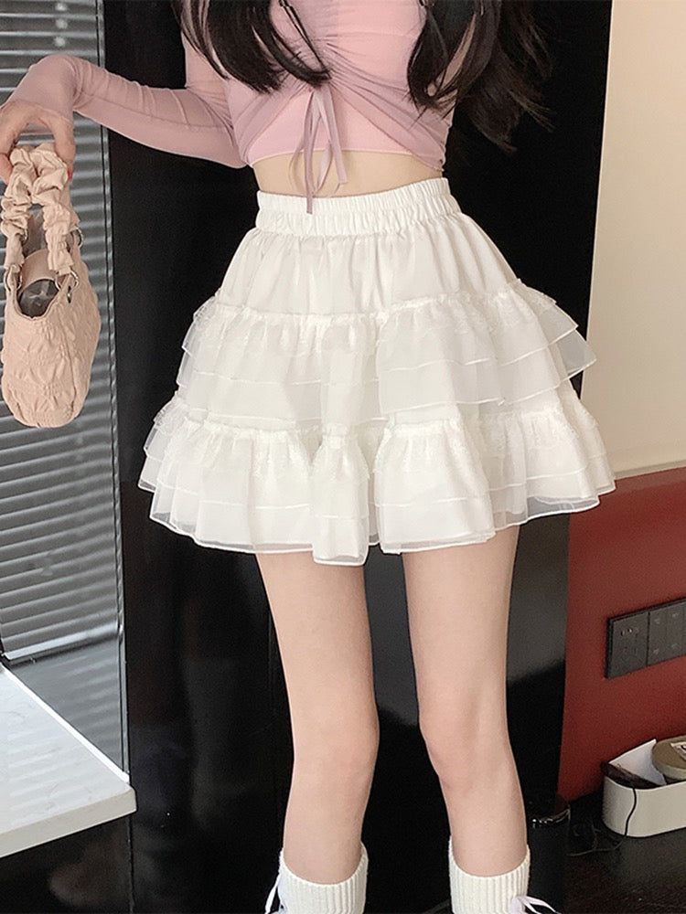 Lace cake A-line short skirt summer 2023 new ballet style high waist white mesh fluffy skirt female