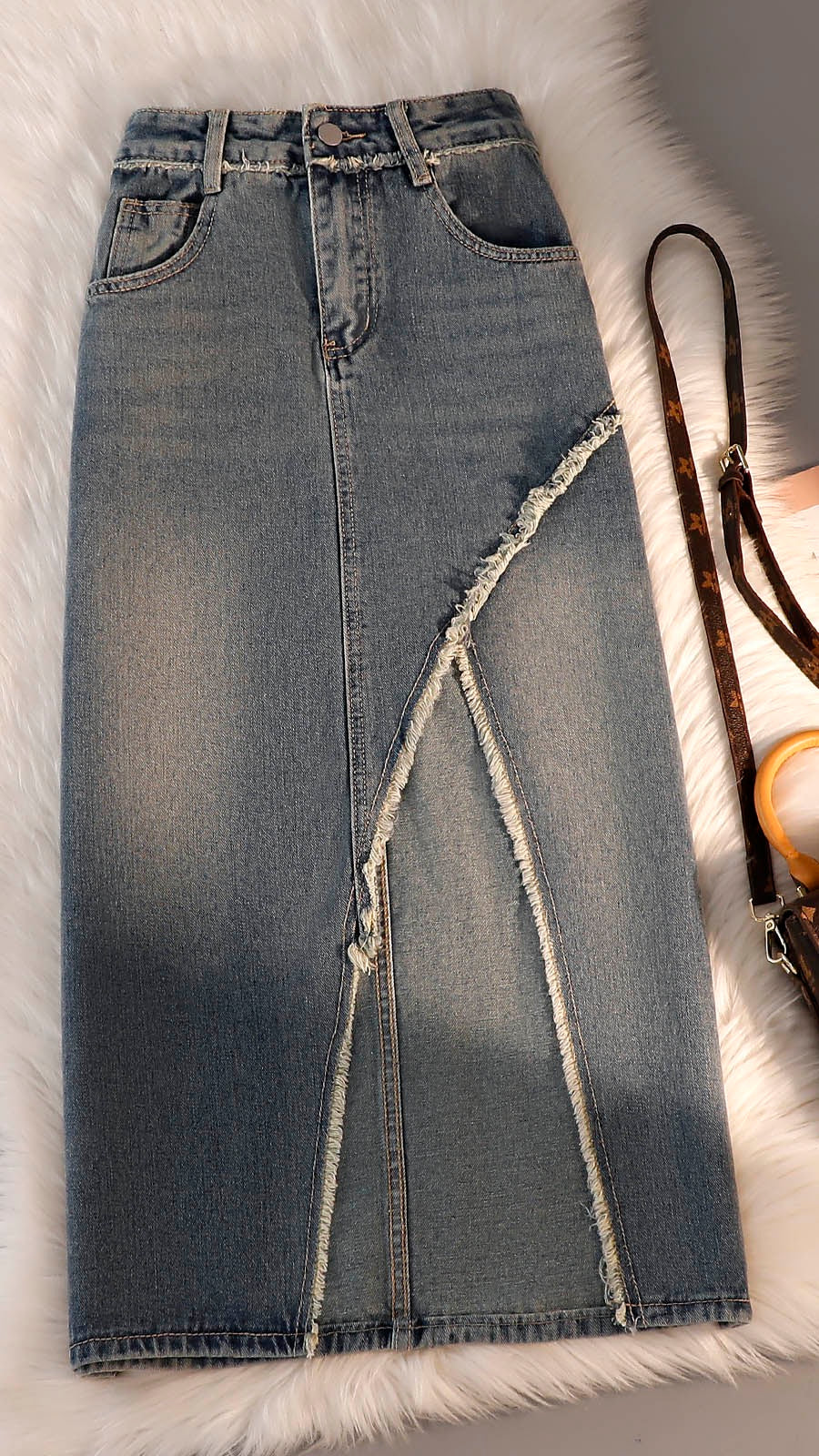 Retro high waist denim skirt women's skirt 2023 summer hip-covering and thin mid-length side slit a-line bag hip skirt