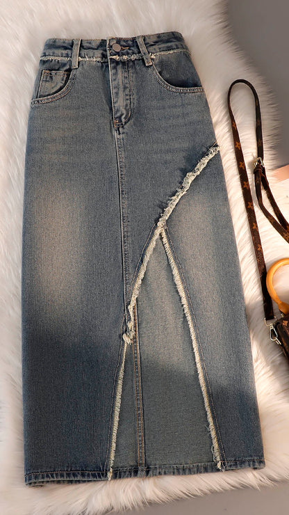 Retro high waist denim skirt women's skirt 2023 summer hip-covering and thin mid-length side slit a-line bag hip skirt