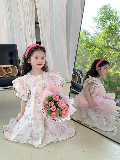Girls summer dress 2023 new foreign style pure cotton girl birthday princess dress short-sleeved floral children's skirt