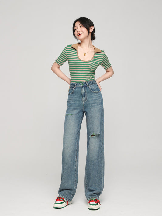 Wang Youshan ripped jeans women's loose drape 2023 spring and autumn mopping straight-leg pants slim high-waisted wide-leg pants