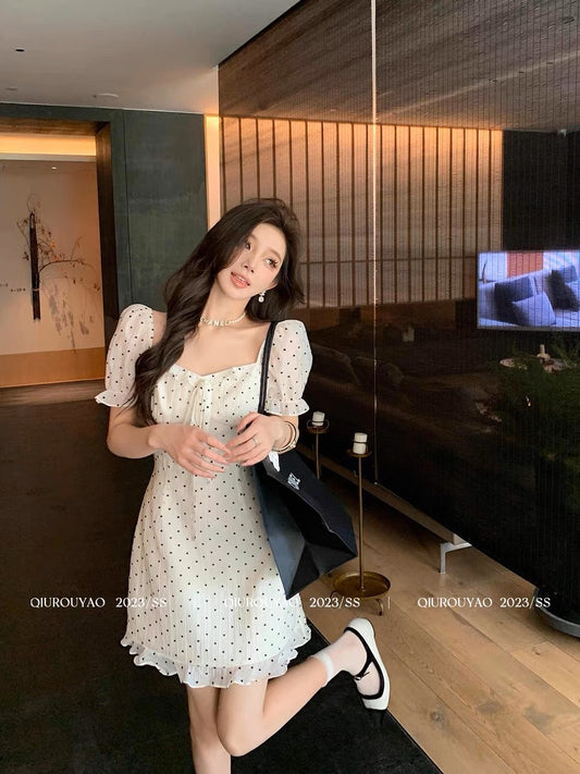 Qiu Rouyao Summer New Gentle Wind French High-Level Thin Wooden Ear Puff Sleeve Polka Dot Dress Female