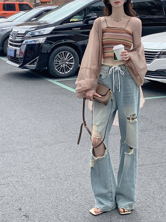 GUOGUOWOMEN Guoguojia jeans women's 2023 summer new raw edge drawstring wide-leg straight-leg pants