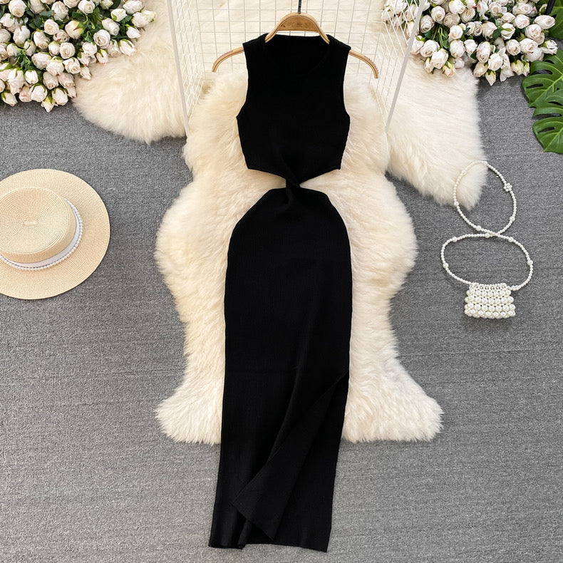 Summer Pure Desire Sweet and Spicy Round Neck Sleeveless Empty Waistless Waist Slim Mid-length Knitted Hip Dress Women