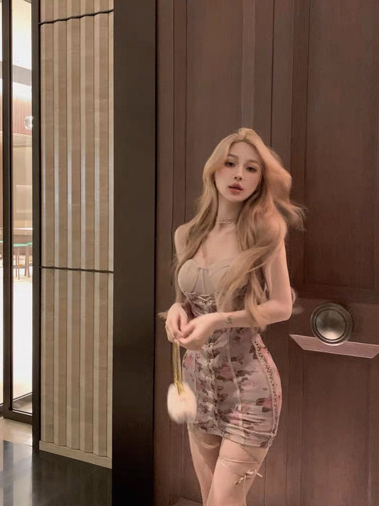 Pure desire babes heavy industry printing suspender dress female summer waist fish bone skirt net yarn sexy hip skirt skirt