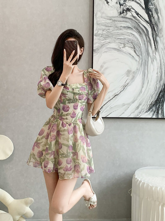 2023 summer new French style light and familiar style high-end fashion foreign style small square collar floral dress