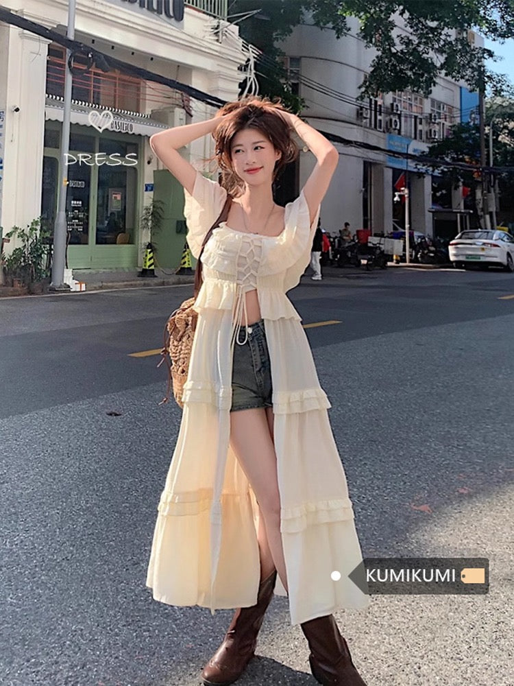 Holiday style sunscreen tie square collar one shoulder dress women's summer design sense splicing loose long skirt