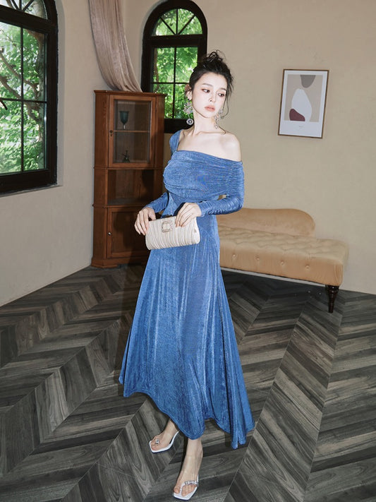 dollytang Duojia soft skin-friendly oblique shoulder pleated dress showing white mist blue daily wearable dress